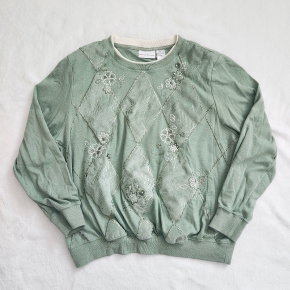 Vintage 90s‎ Green Embroidered Sweatshirt Grandma Argyle Floral Alfred Dunner XL - Picture 1 of 15